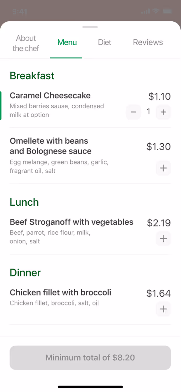 Mobile app menu screen displaying food items and prices