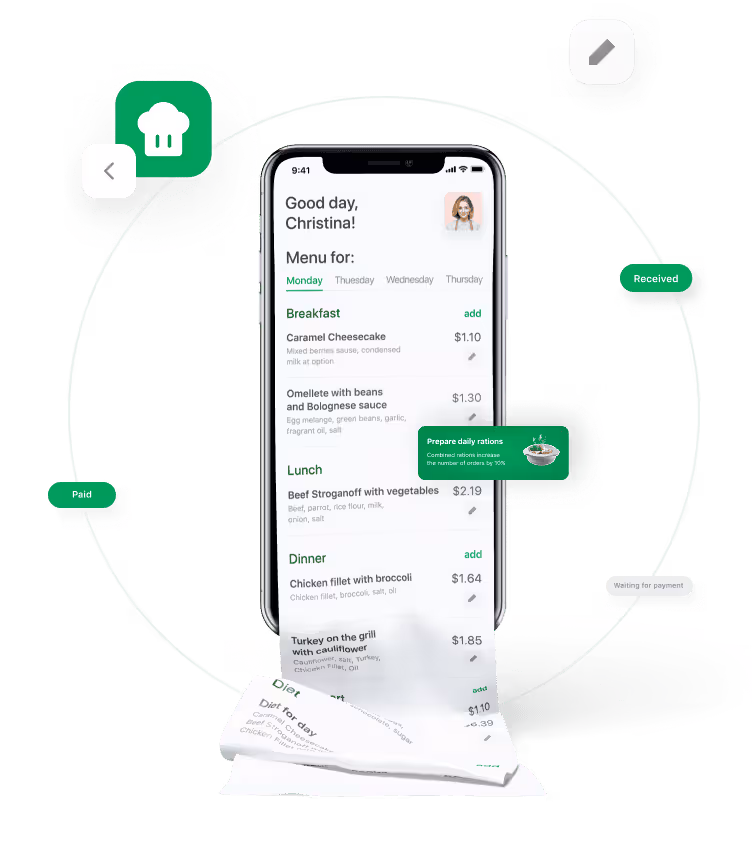 Mobile app meal delivery menu screen