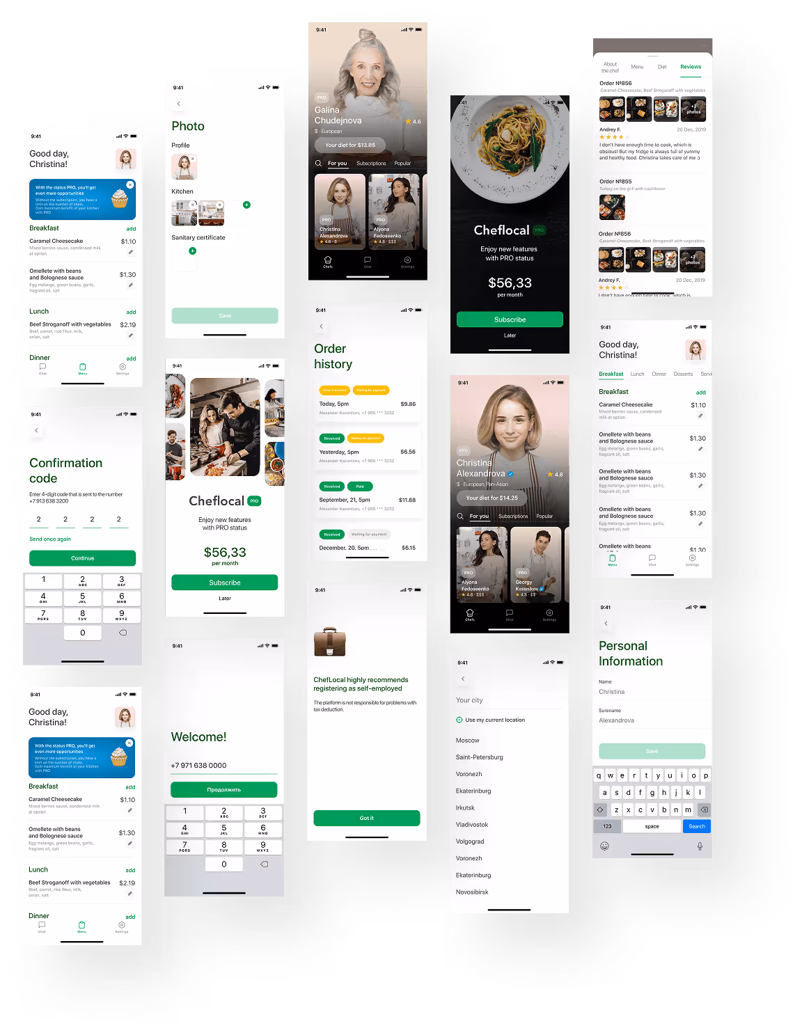 Mobile app user interface screens for food delivery service