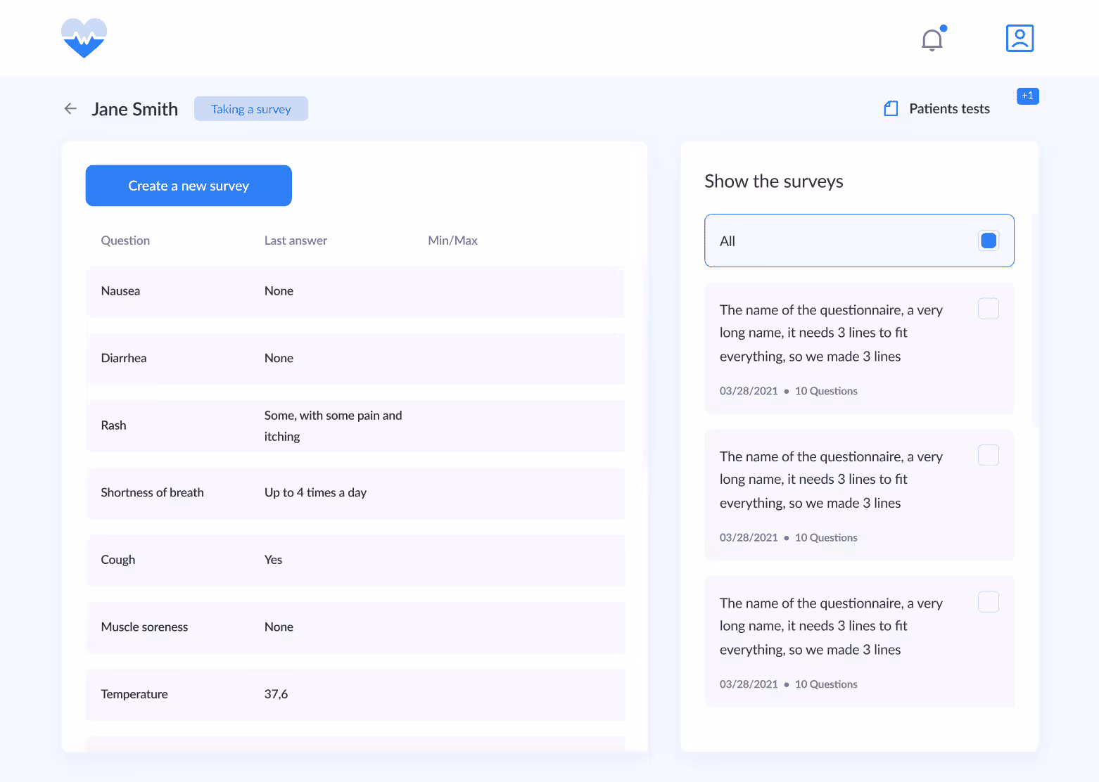 Survey management interface for patient responses