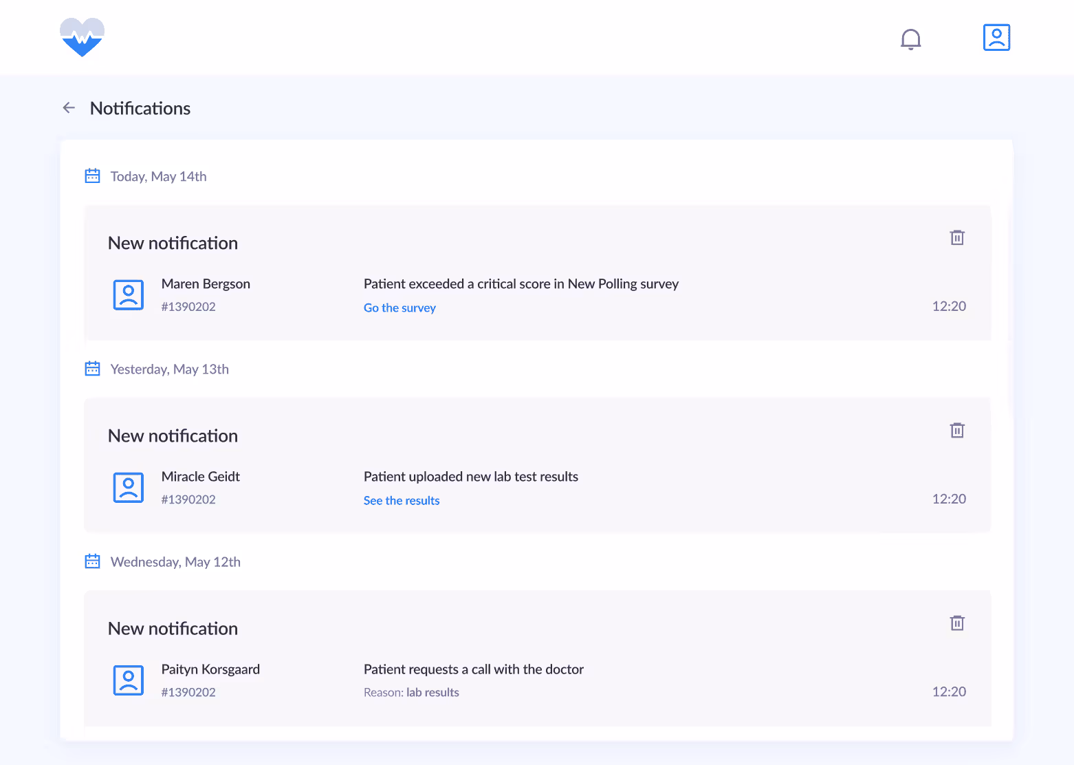 Notifications screen showing patient updates