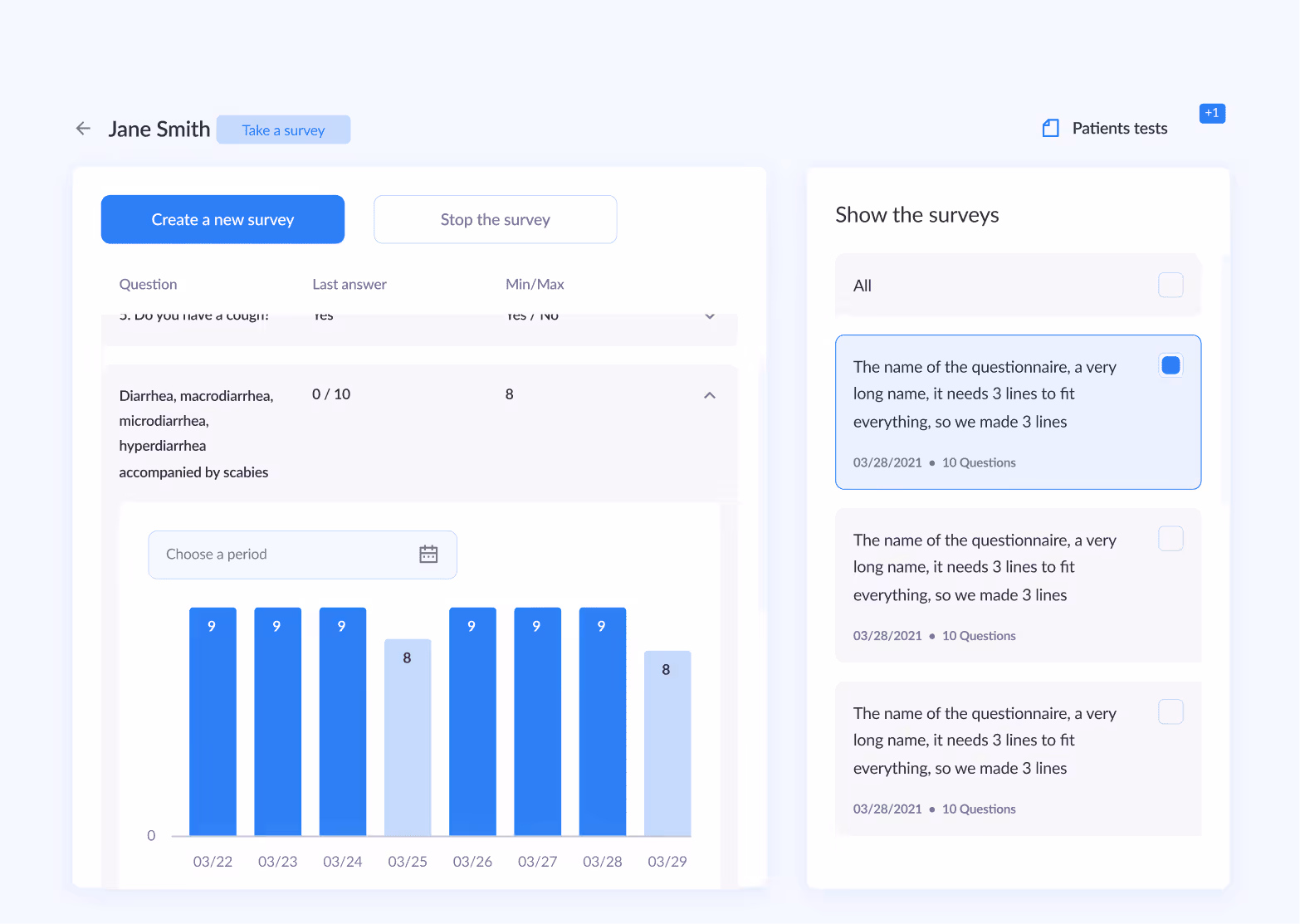 Survey management interface with question overview