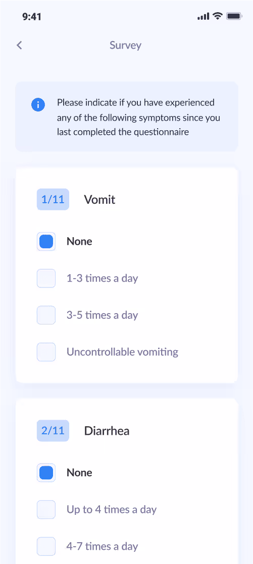 Mobile app symptom survey screen