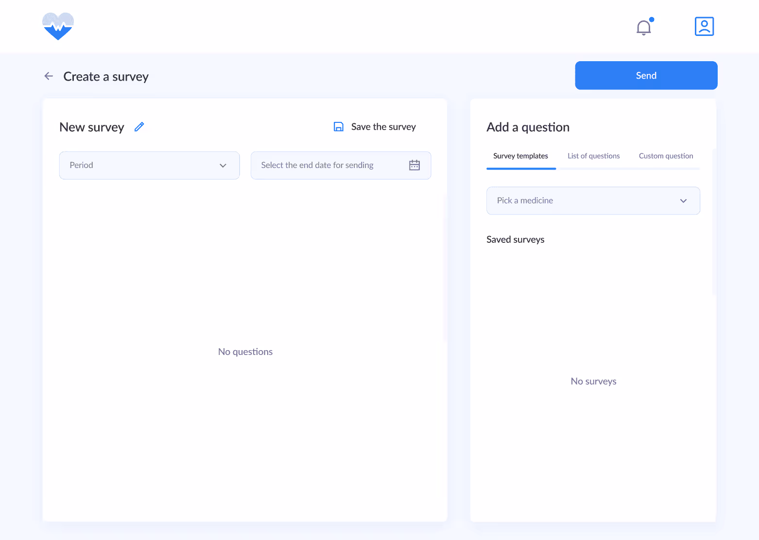 Survey creation interface with options for new surveys and templates
