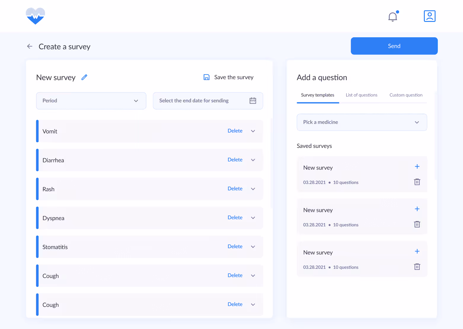 Survey creation interface with question options