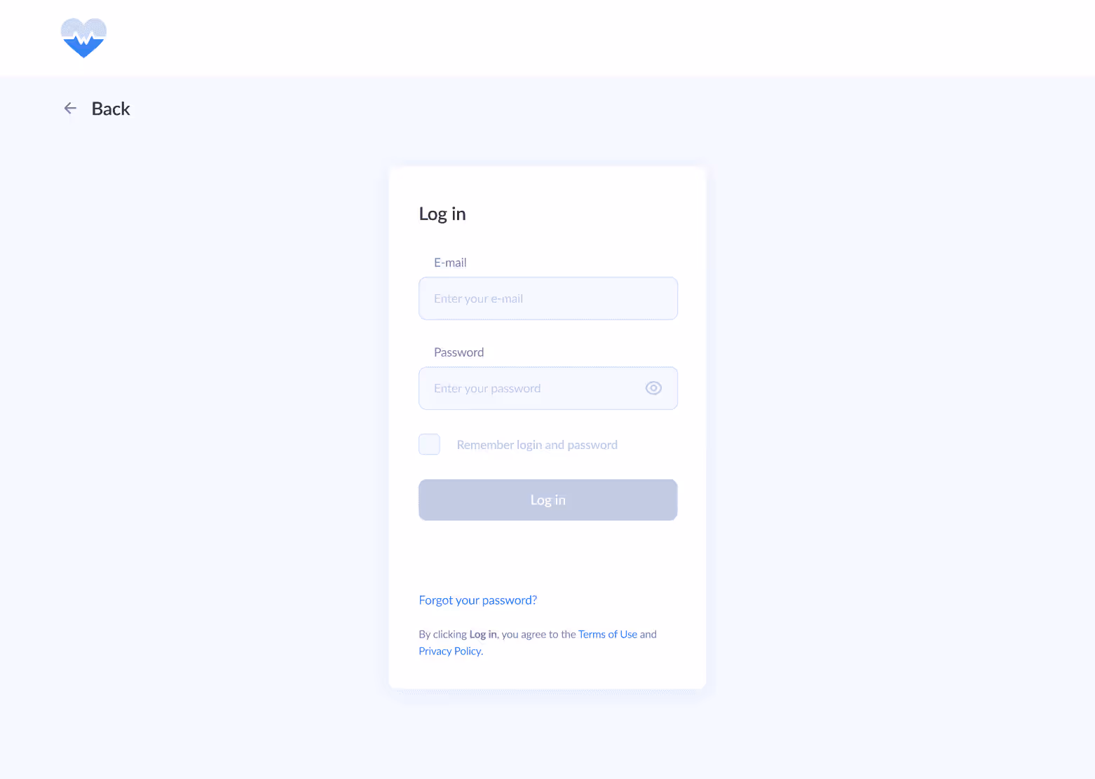 Login screen for web application