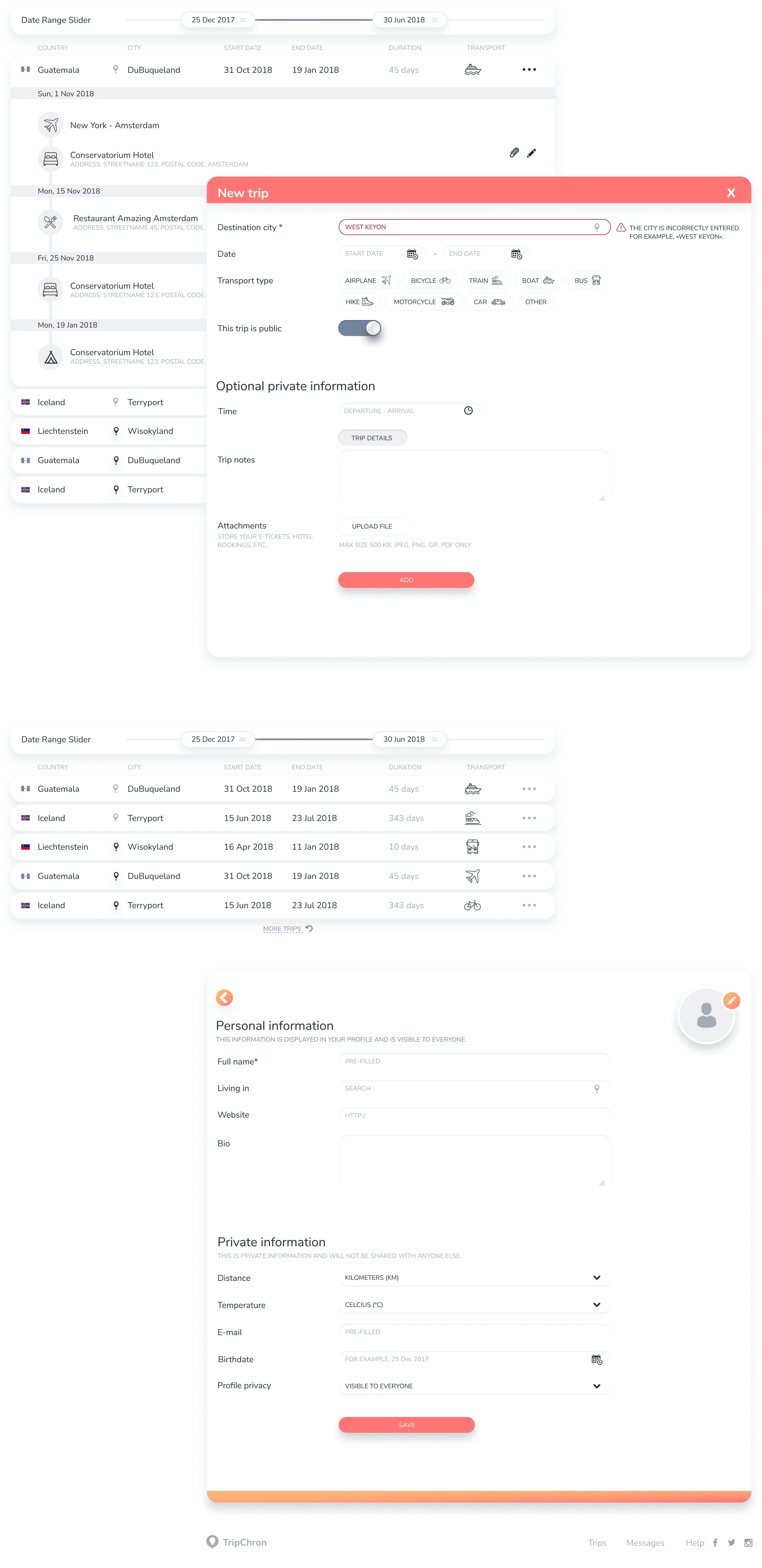 Trip booking interface with personal information forms