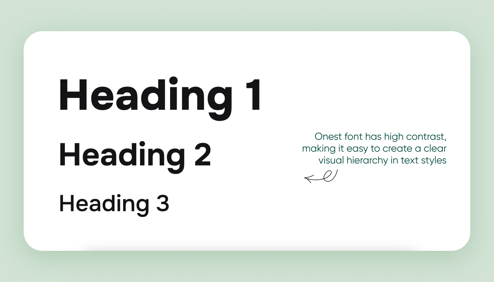 Typography scale showing Heading 1, 2 and 3 in the Onest font with a note on its high contrast