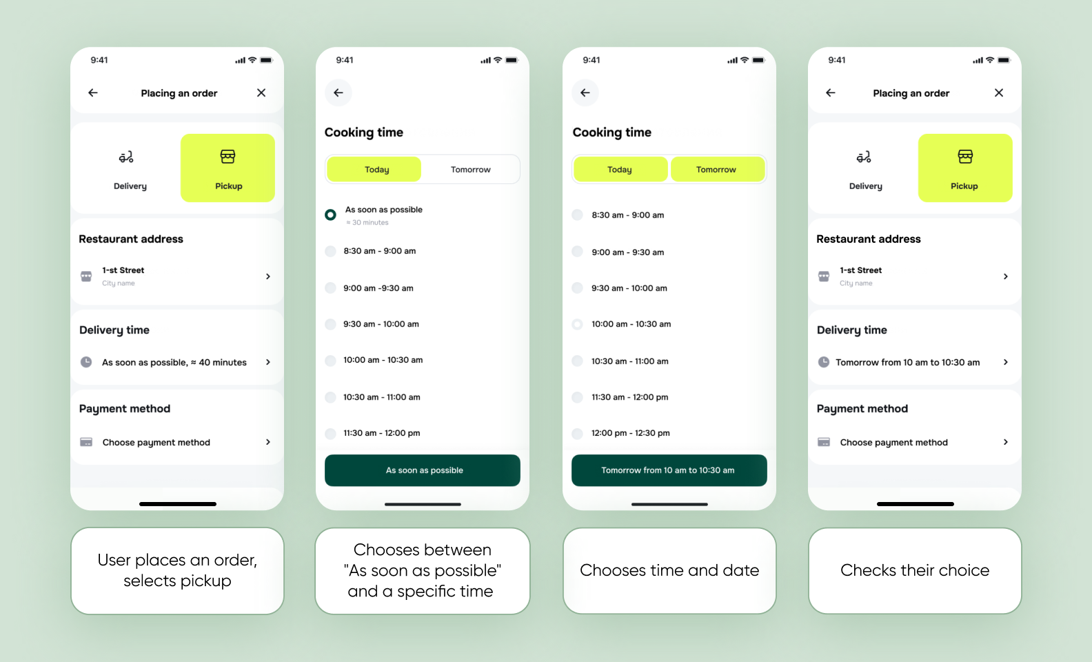 We developed a flow for different user scenarios when choosing the pickup option