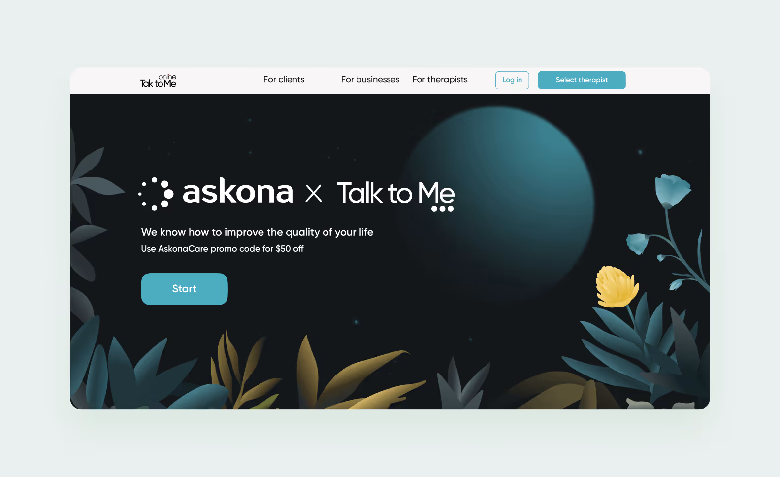 The landing page for Talk to Me and Askona