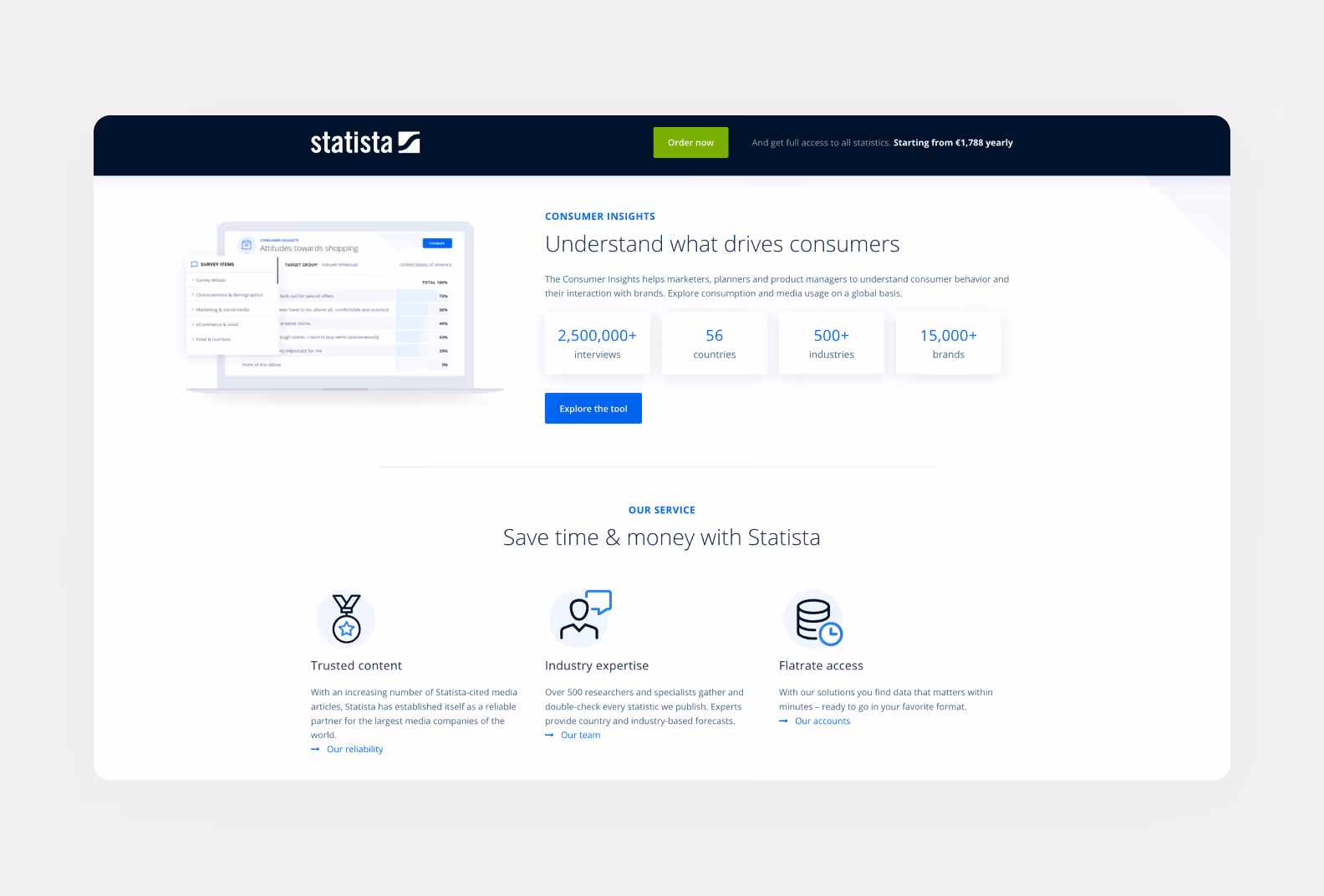 page of statista.com showcasing the benefits of their platform