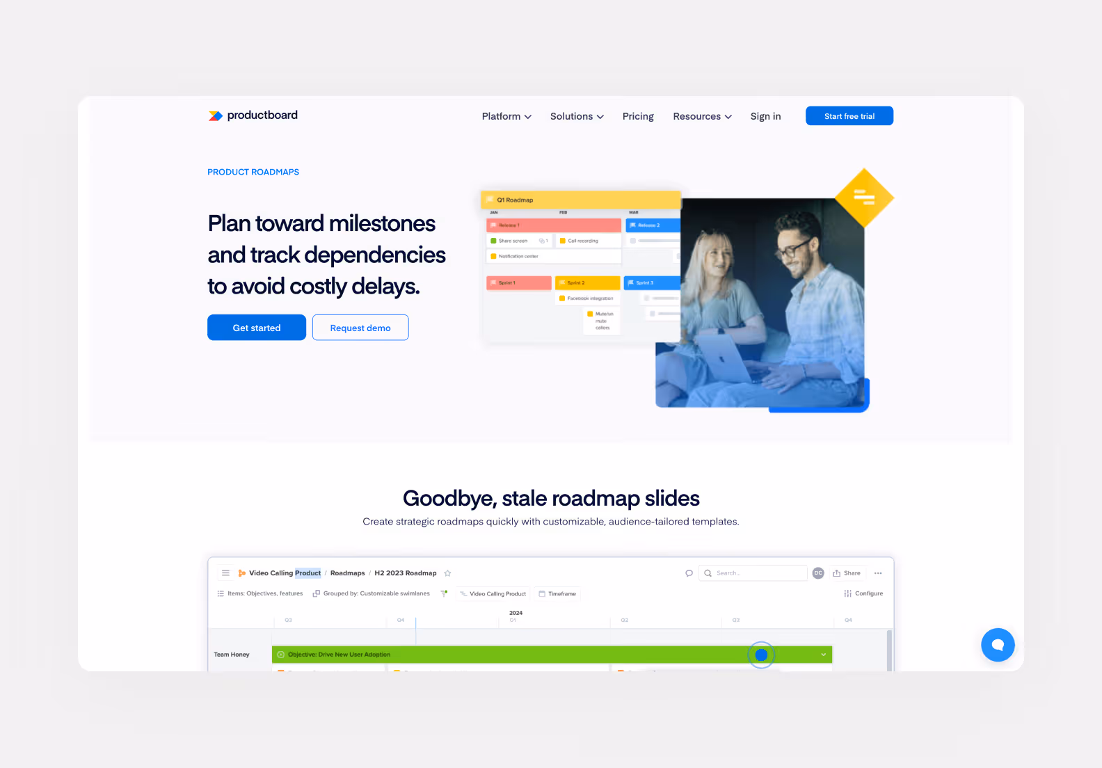 page of productboard.com describing the tool’s product road-mapping feature