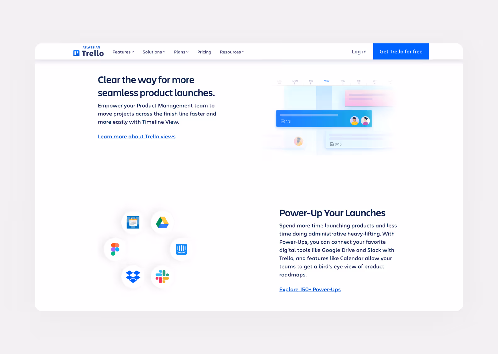 page of trello.com describing the platform’s benefits for launching software products