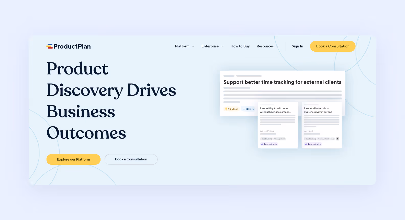 page of productplan.com describing the benefits of product discovery