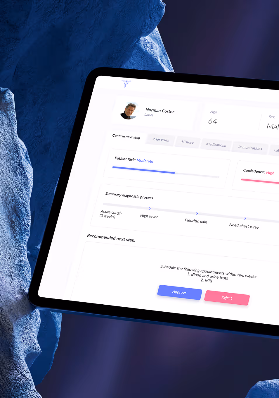 Tablet screen showing a medical interface with patient Norman Cortez, age 64, male, displaying moderate patient risk and high confidence, summary diagnostic process, and options to approve or reject recommended next steps.