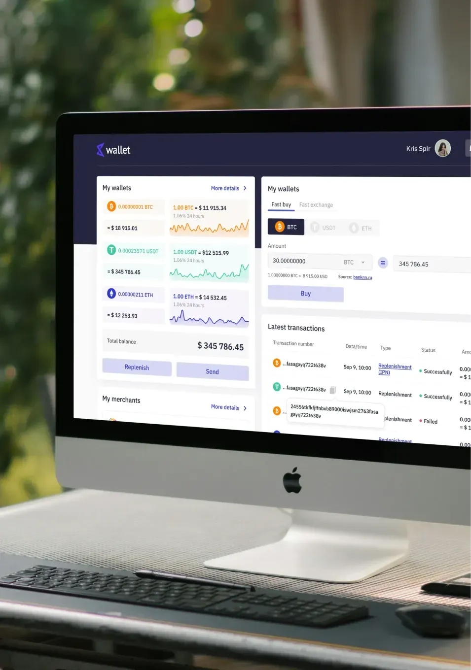 Cryptocurrency wallet dashboard on desktop monitor