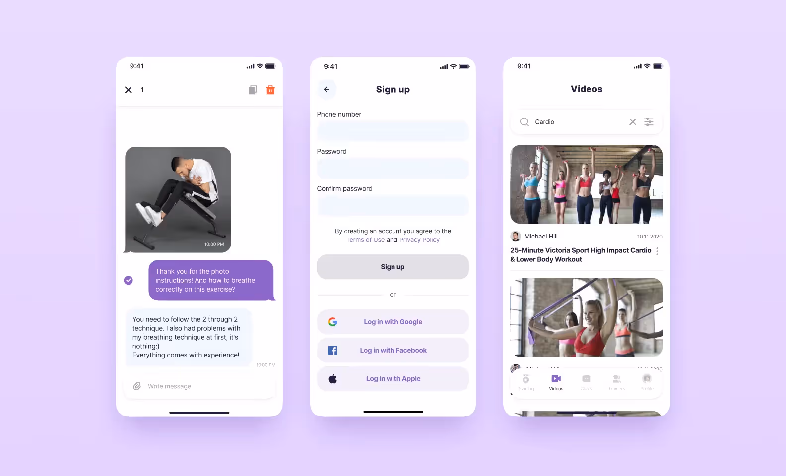 Screens of the mobile fitness platform designed by Purrweb