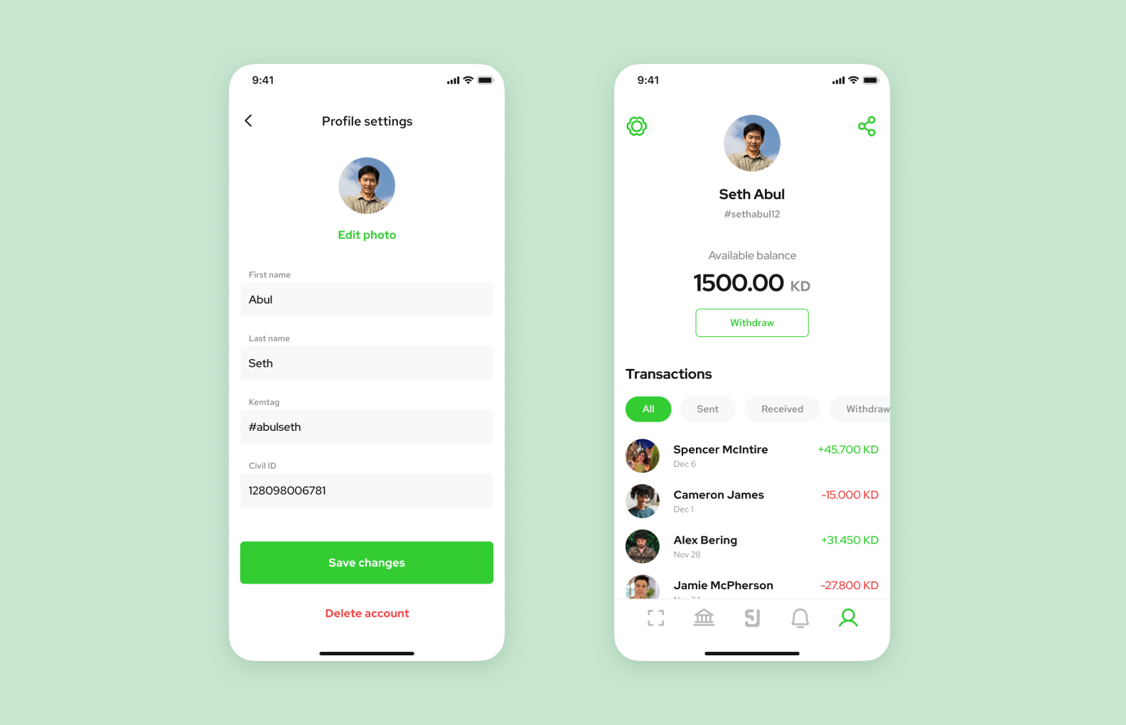 Two screens showcasing an interface of a P2P payment app