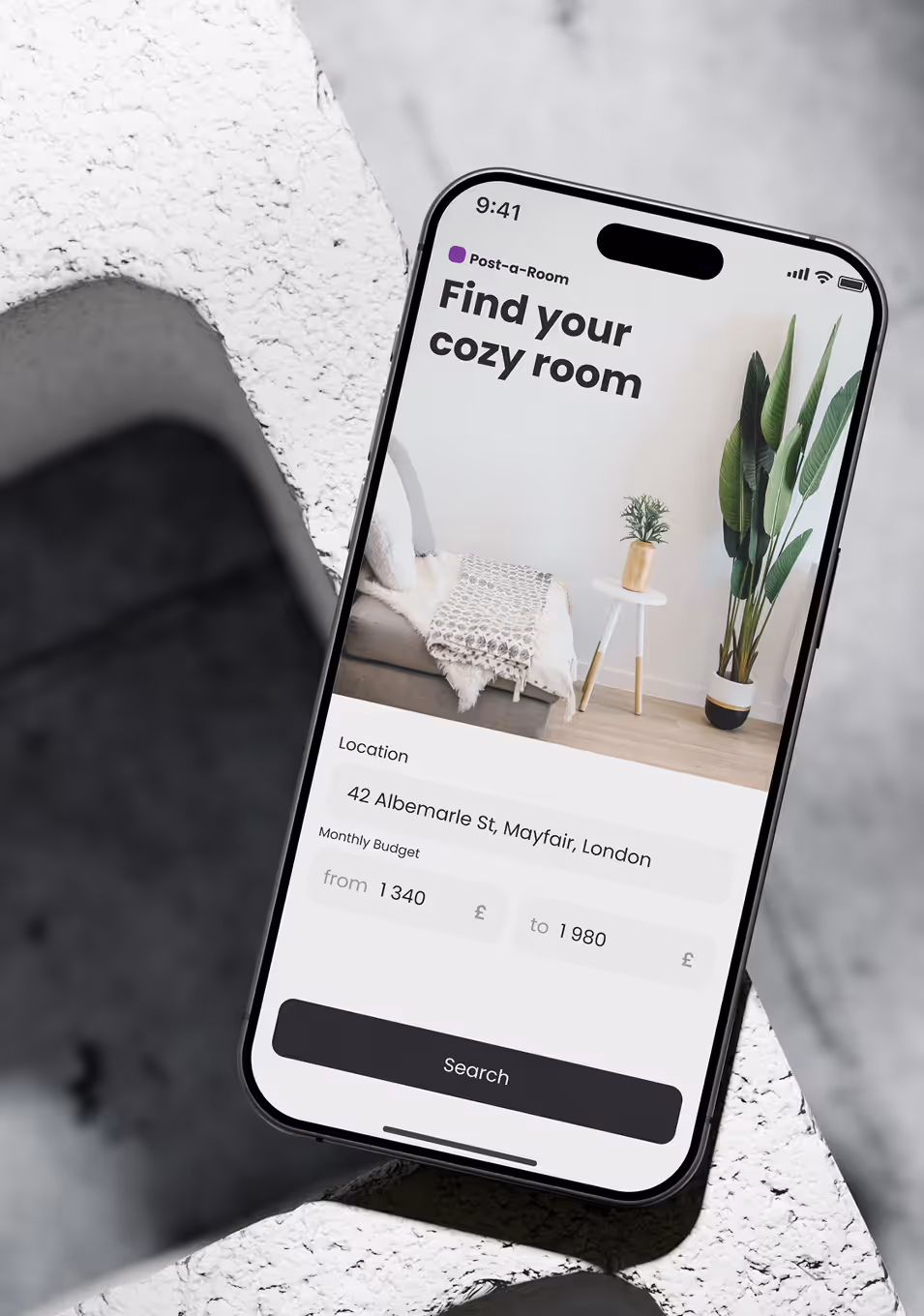 Mobile app room rental search screen