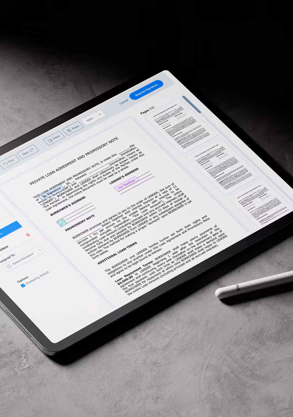 Contract review on digital tablet screen