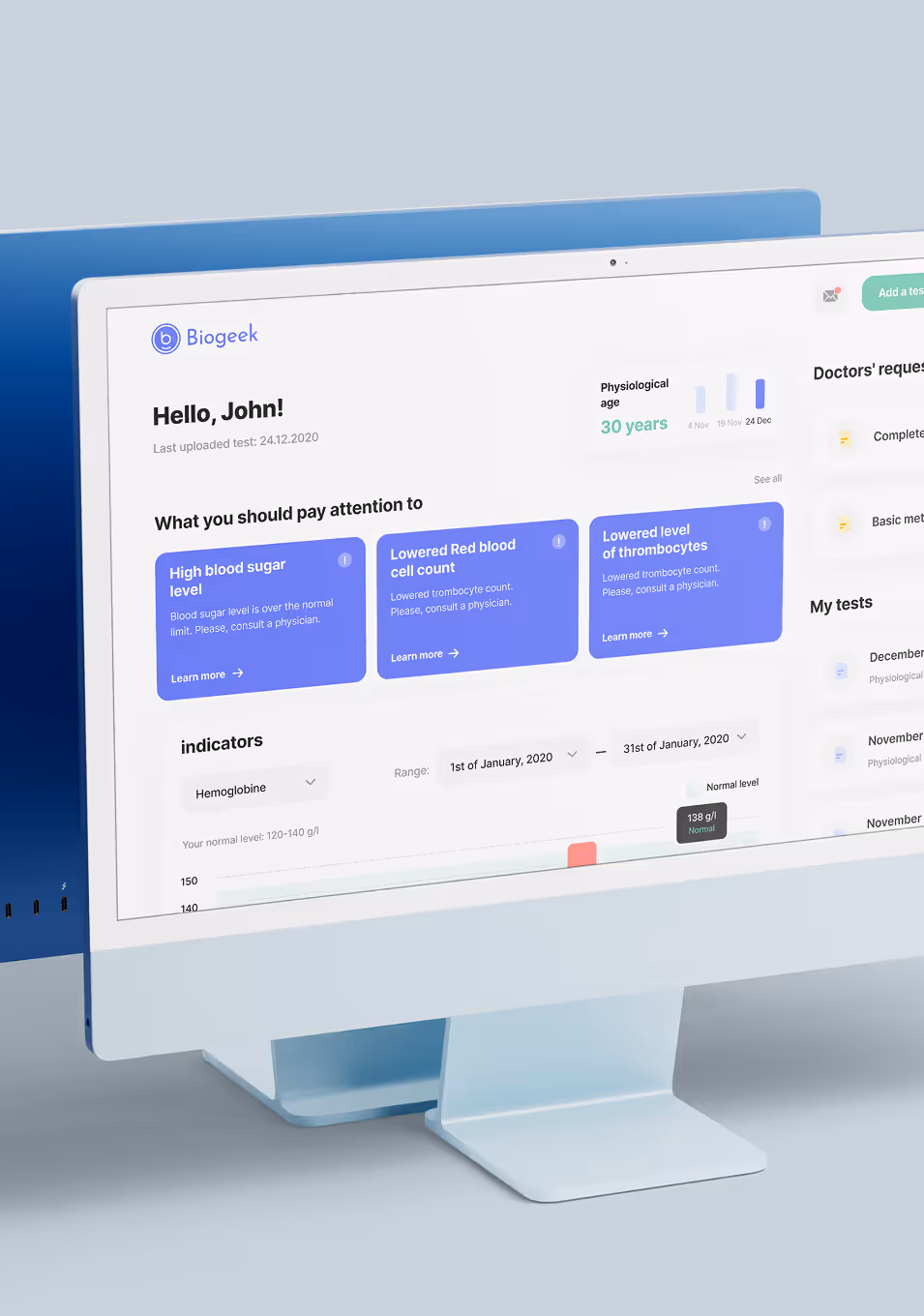 Medical test results dashboard screen