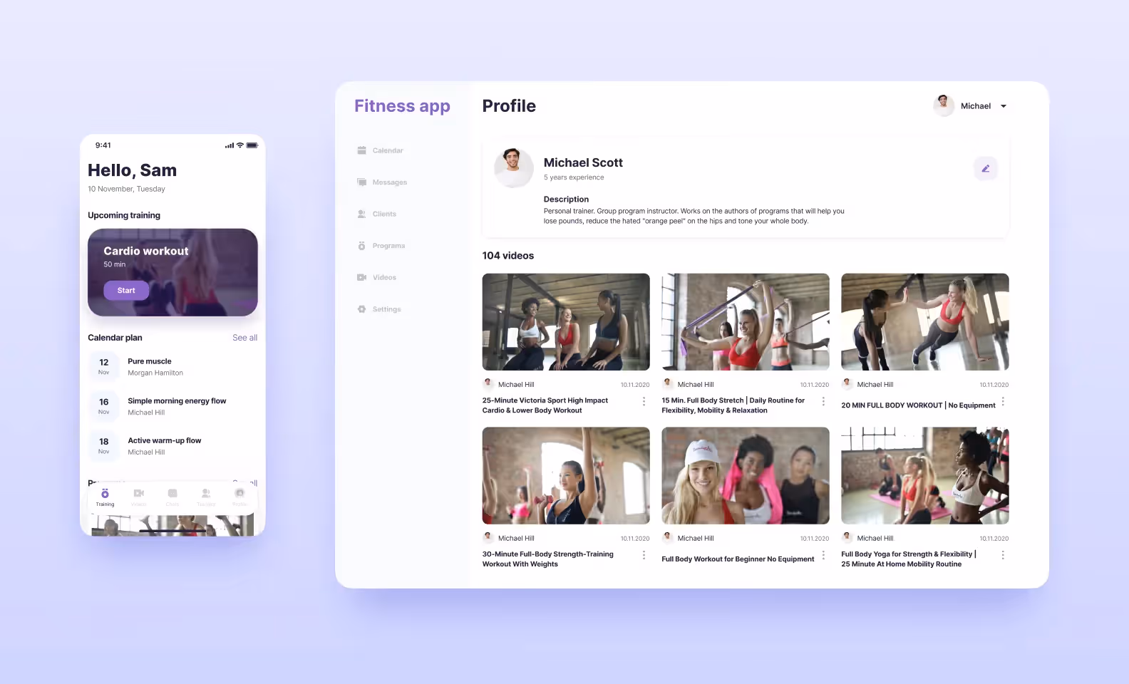Web interface screen showing coach’s profile in FitnessApp