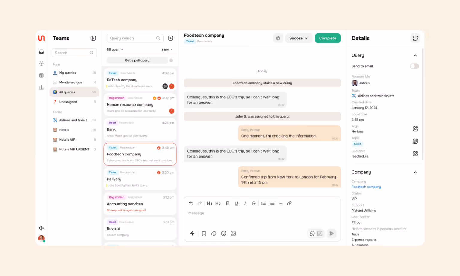 Interface of a customer support web app
