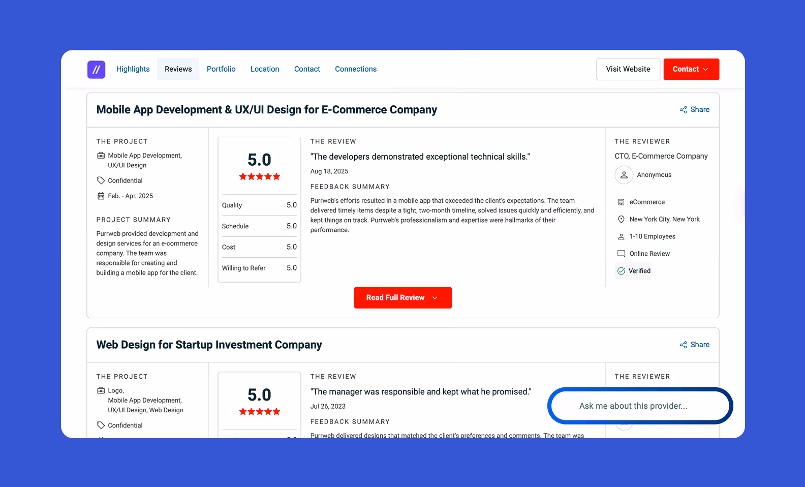 A screenshot of a review for a Node.js developer