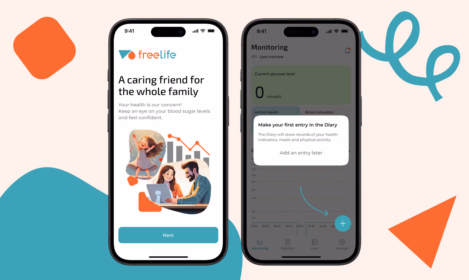 Two app screens. The left screen is the welcome monitoring interface with a suggestion to make the first diary entry. The right screen is the start screen, which has the tagline “A caring friend for the whole family” and a “Next” button.