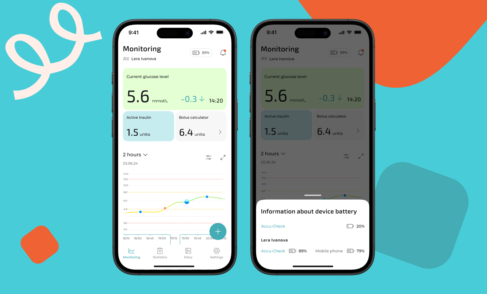 freelife glucose monitoring data and connection status screens