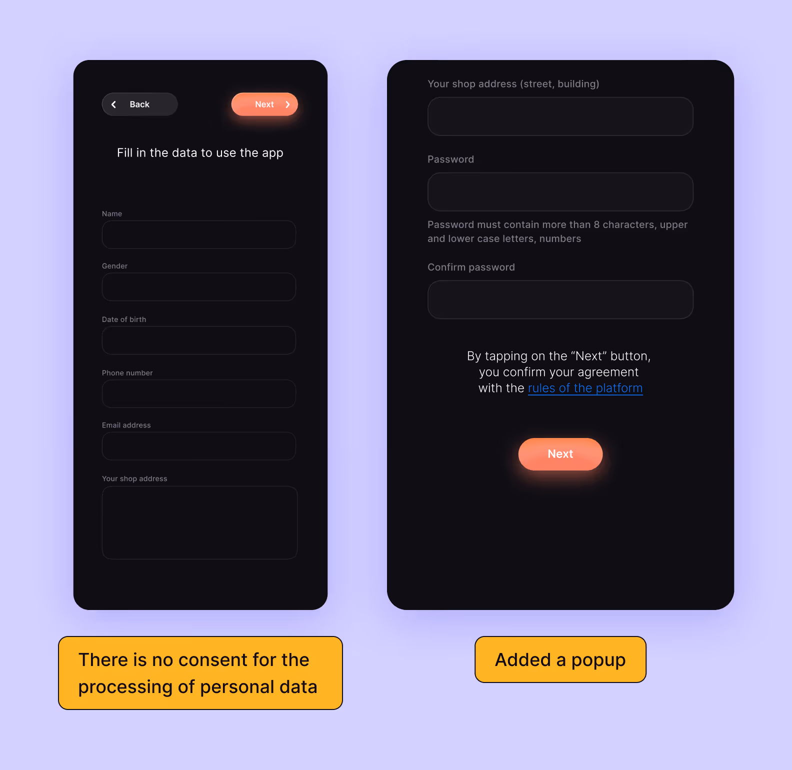 Added a data processing consent section. It was not in the client’s design