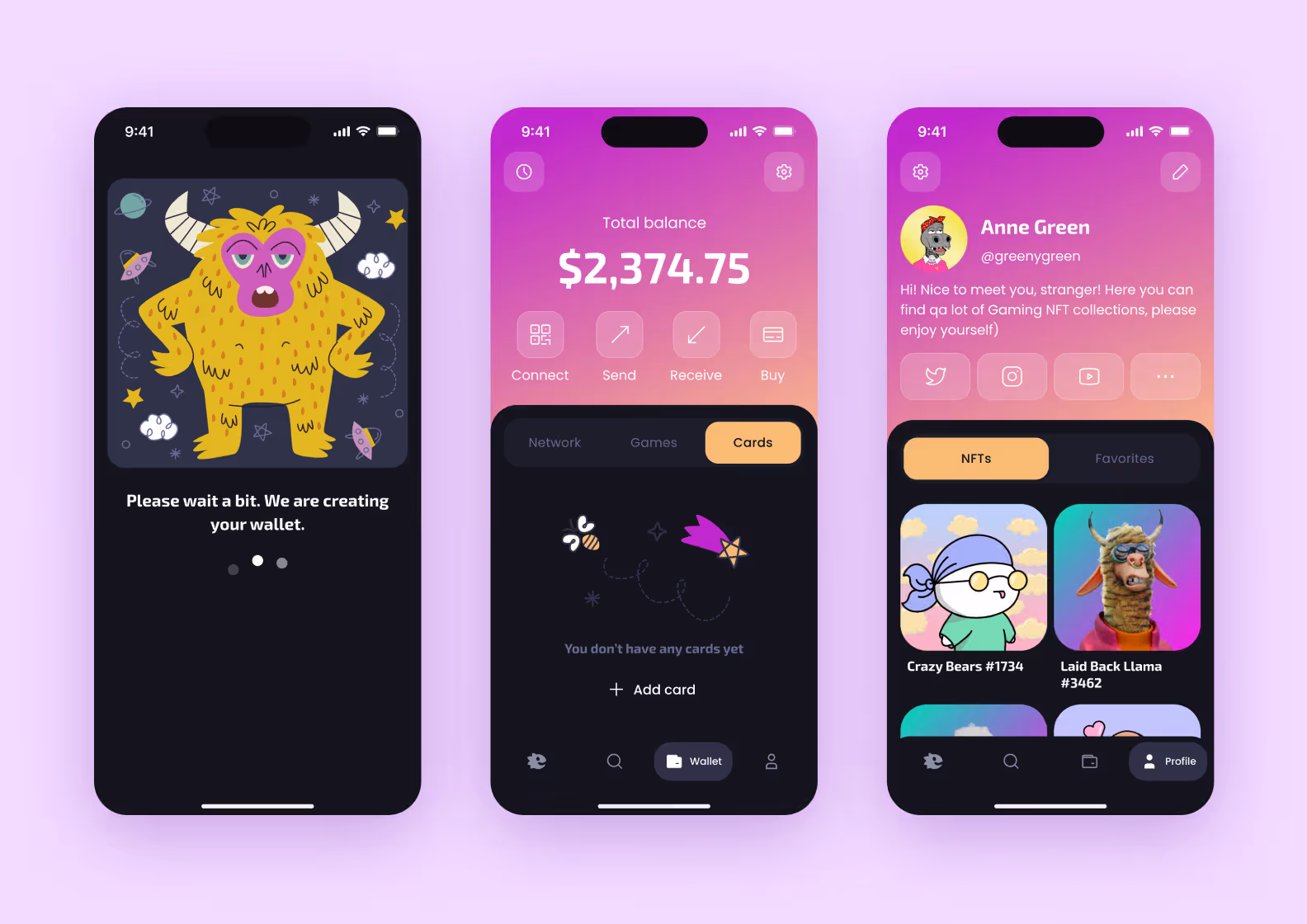 Три экрана криптокошелька Purrweb: создание кошелька, баланс $2 374.75 и профиль с NFT-коллекцией