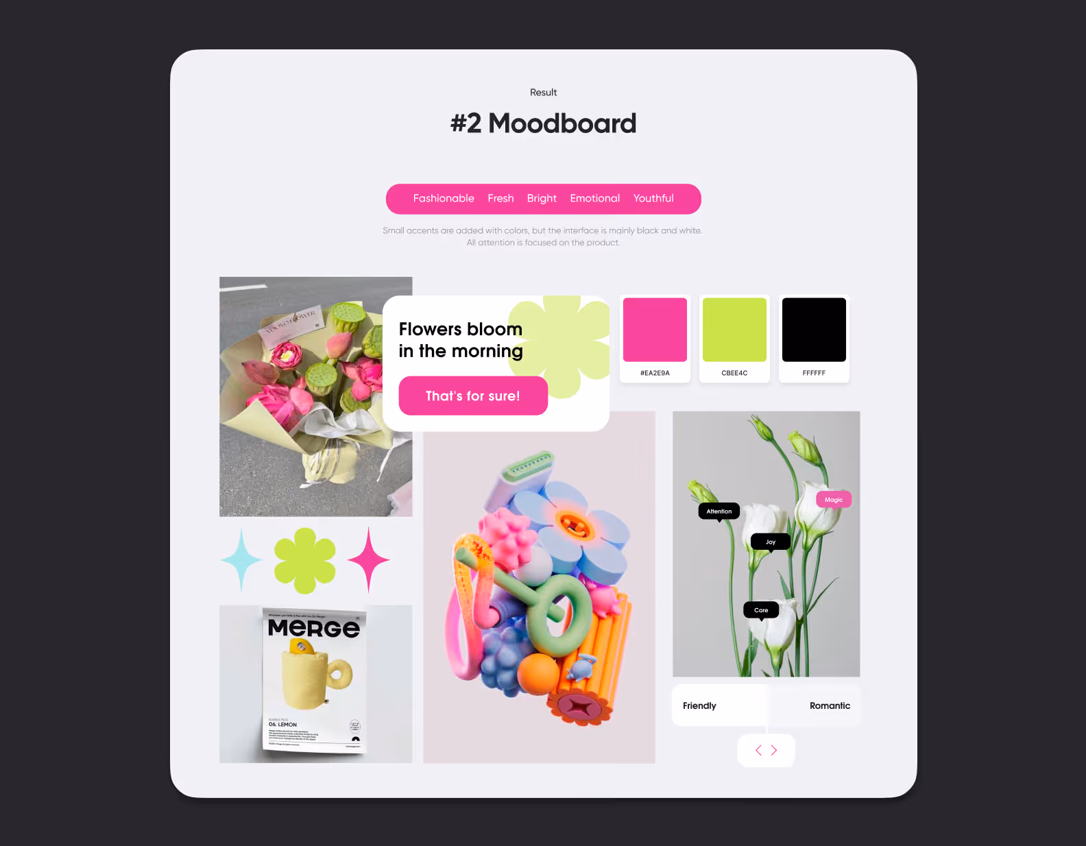 Mood board with visual references: magic, emotions, modern style, bold colors and illustrations
