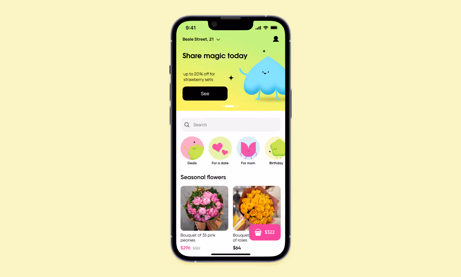 Home screen design: bouquet in focus, mascots next to promotions, the "Buy" button contrasting and noticeable