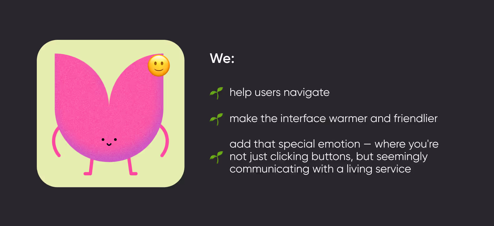 Cards with mascot explaining their role in the interface: how characters help users navigate and create emotion