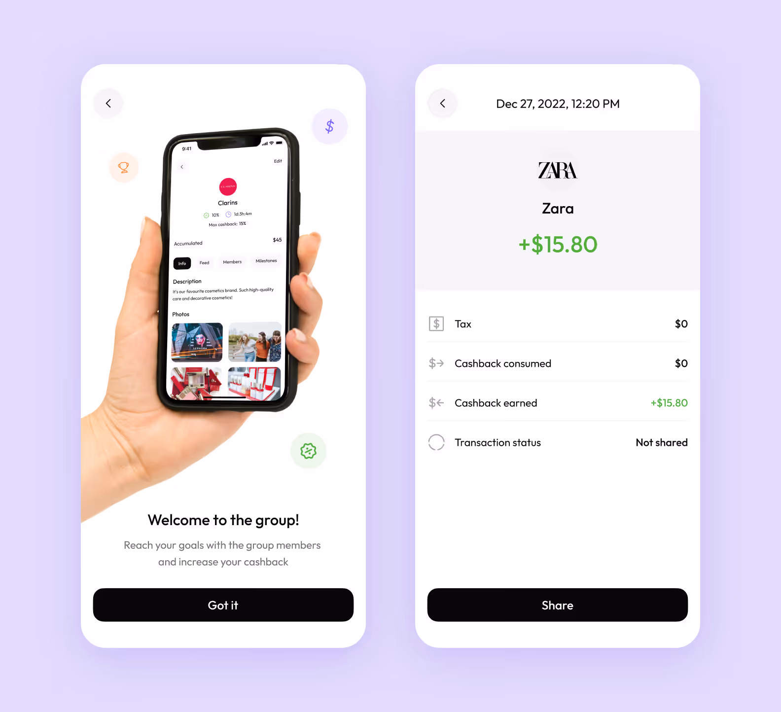 Mobile app interface displaying a welcome screen for a cashback group and a detailed cashback transaction
