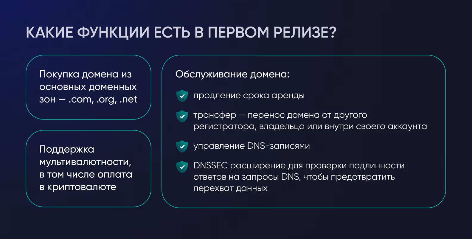 Функции в первом релизе
