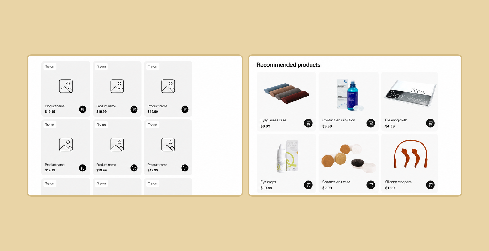 Recommended products in the black-and-white prototype and the full-color final design
