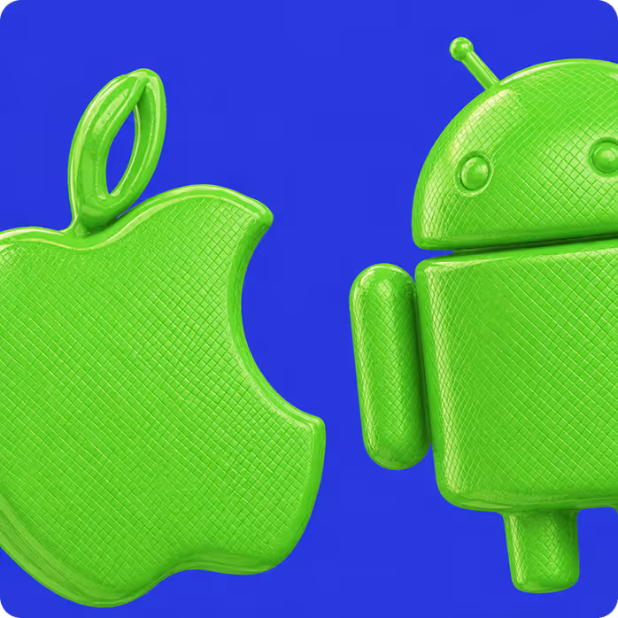 Green textured Apple logo and Android robot on a solid bright blue background.