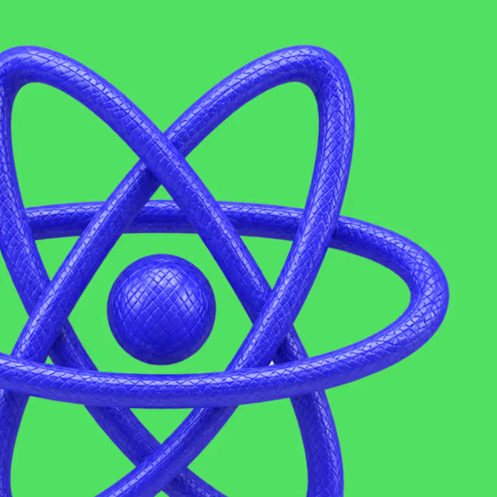 Blue 3D atom model with textured orbits and nucleus on bright green background.