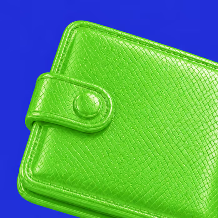 Bright green leather wallet with textured pattern on a solid blue background.