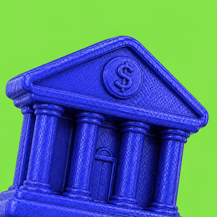 Blue textured bank building with dollar sign symbol on bright green background.