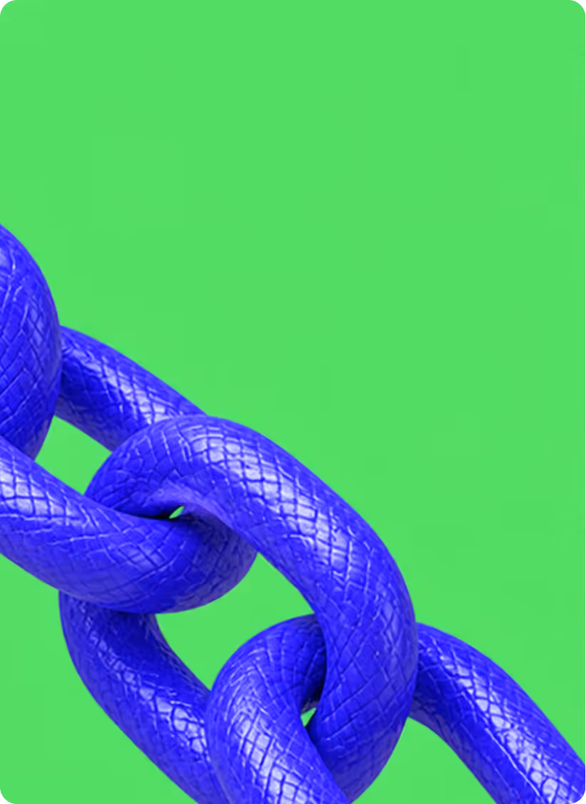 Close-up of a blue textured chain link on a bright green background.