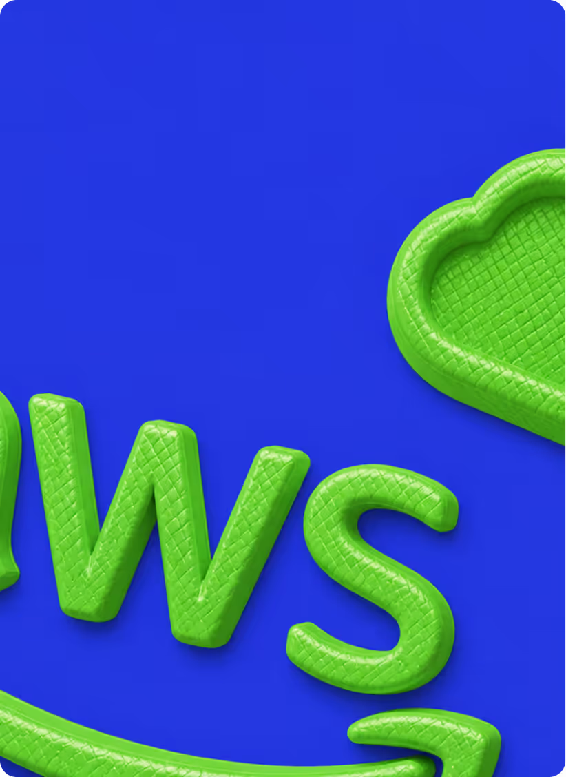 Bright green letters and shapes on a bold blue background forming part of a stylized word and cloud.