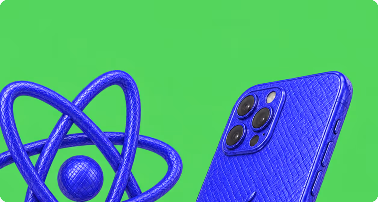 Blue textured 3D atom model and smartphone back with triple camera on a green background.