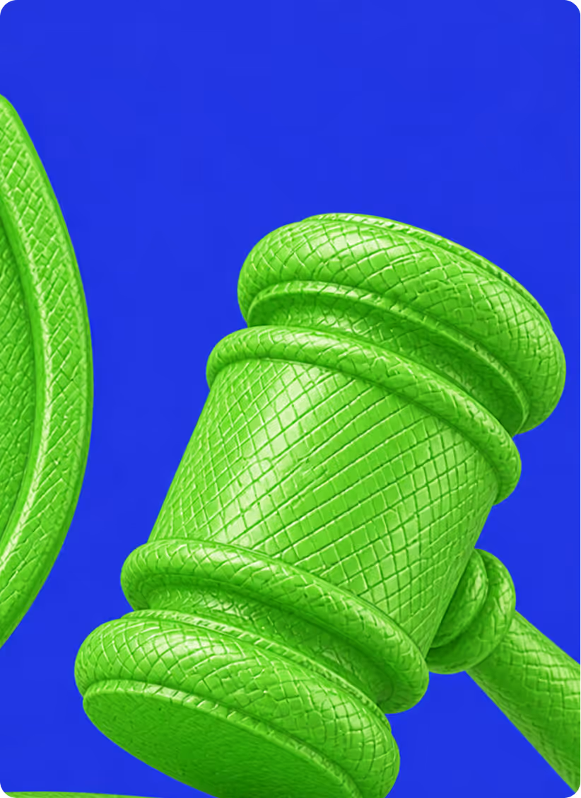 Bright green textured judge's gavel and block on a solid blue background.