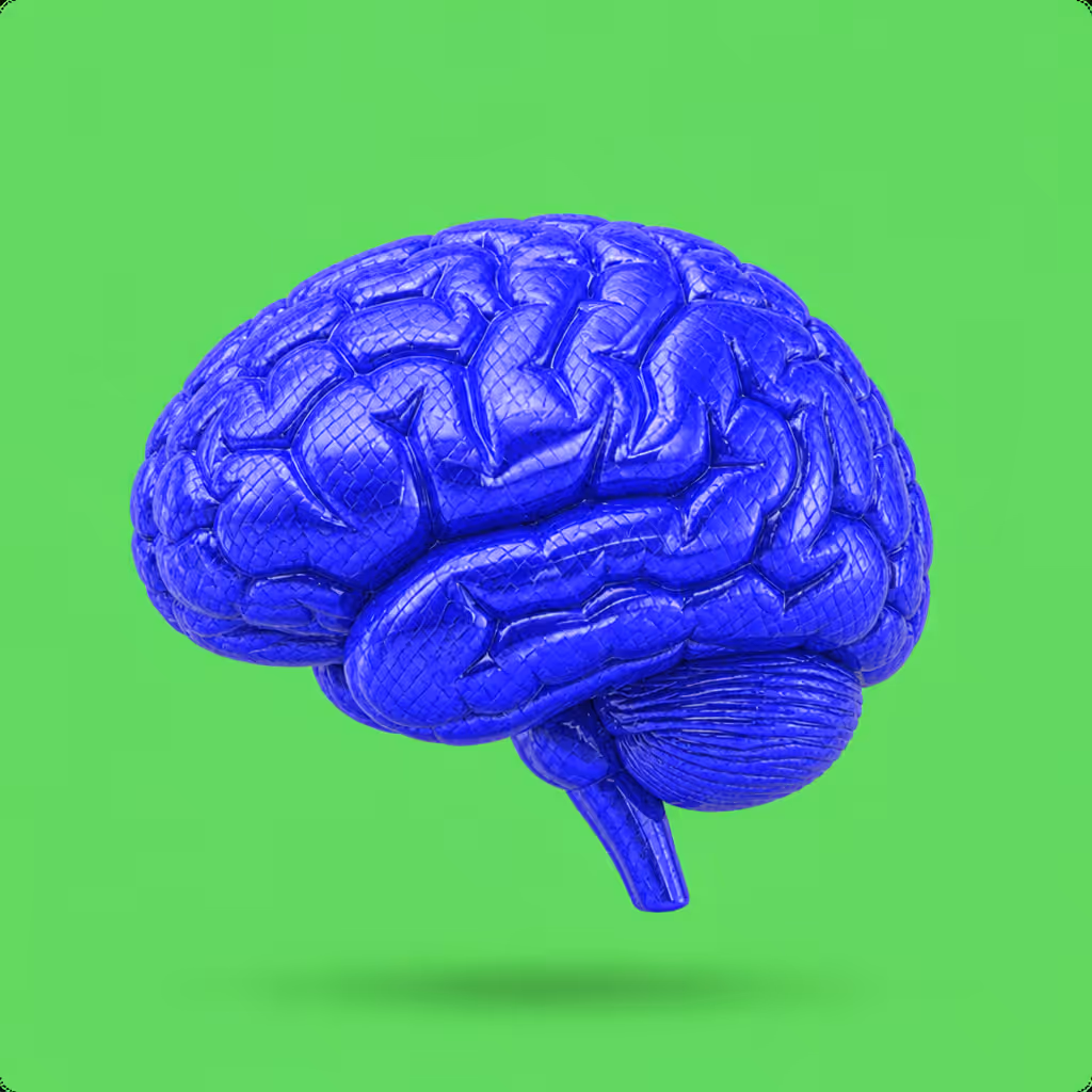 Blue human brain model with textured surface on a bright green background.