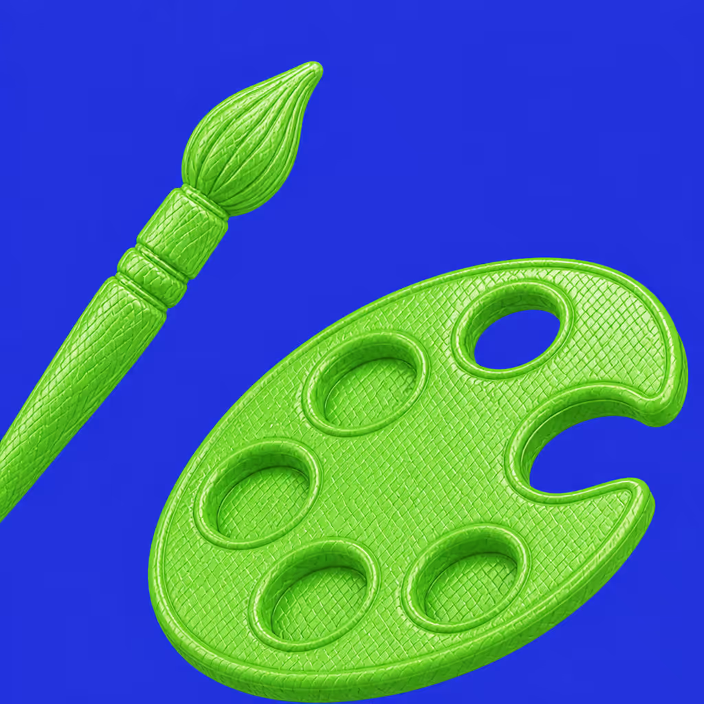 Green painter's palette and paintbrush on a solid blue background.
