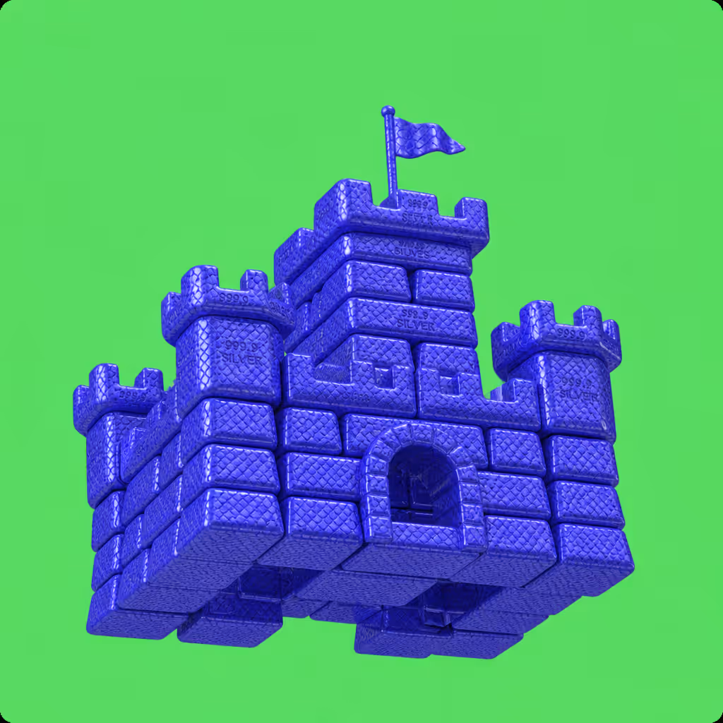 Blue 3D castle constructed from silver bars marked 999.9 on a bright green background.
