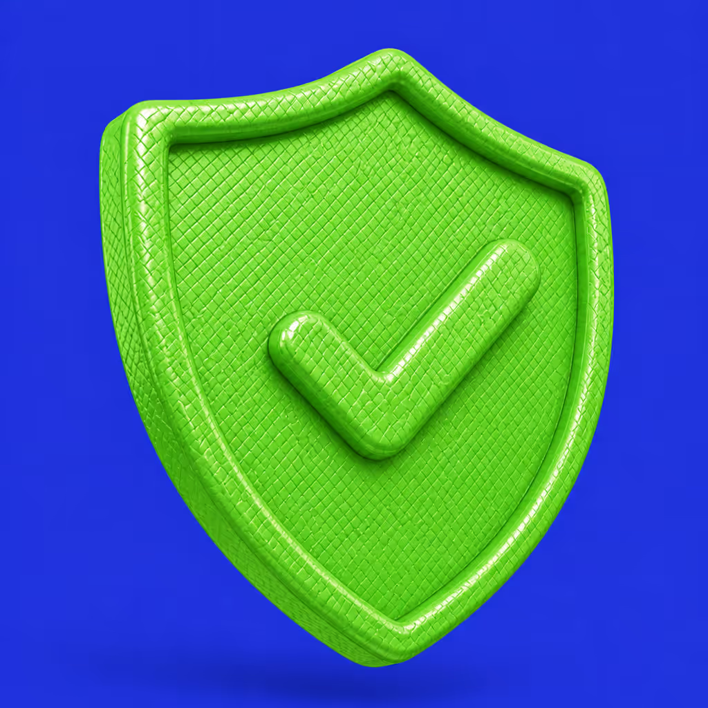 Green shield with a check mark symbol on a blue background representing security or approval.